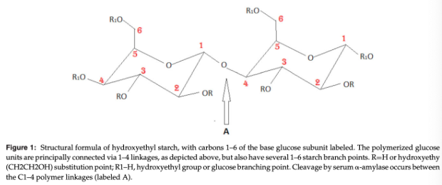 <ul><li><p><span>Hydroxyethyl groups are substituted on the C2, C3, and C6 carbons of the base glucose monomer</span></p></li><li><p><span>The pattern of substitution among these 3 sites affects amylase affinity and ultimately degradation efficacy</span></p></li><li><p><span>Substitution on the C2 position in particular leads to allosteric inhibition of the cleavage of the HES molecule by plasma amylases, resulting in an increased plasma half-life of the HES solution</span></p></li><li><p><span>An increase in the C2/C6 substitution ratio is inversely correlated with rate of degradation</span></p><ul><li><p><span>Highly substituted HES products have a terminal half-life that increases with repetitive dosing as well as with longer infusion durations</span></p></li></ul></li></ul><p></p>