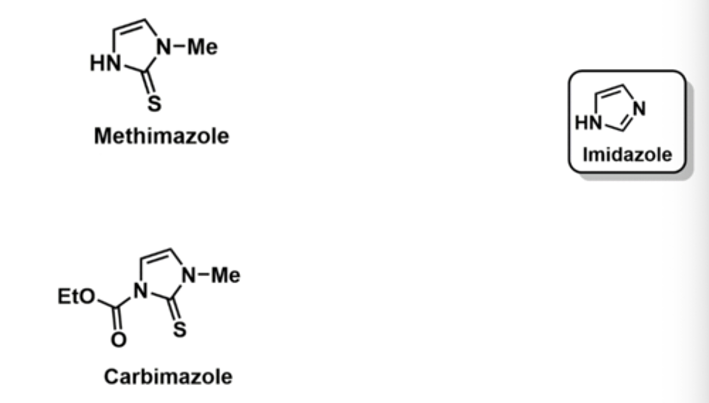 <p>- Methimazole is derived from imidazole</p><p>- Inhibits TPO</p><p>- Route of adm: Oral</p><p>- Used to treat hyperthyroidism</p><p>carbimazole is the prodrug so methimazole is the active form</p>