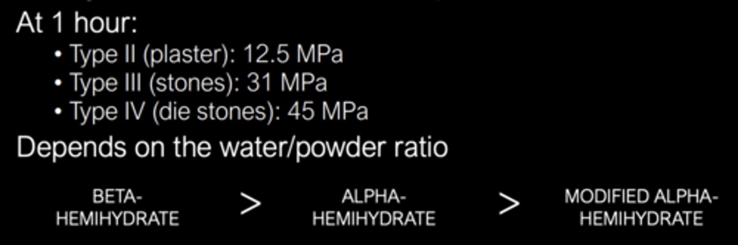 <p>Strength values increase from plasters to the die stones</p><p>Depends on the water/powder ration</p>