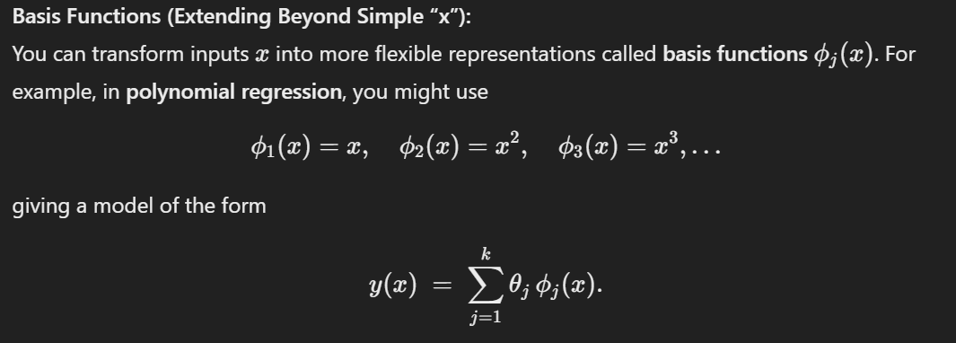 <p>transform x inputs into a more flexible representation → polynomial regression to be captured in a linear space </p>