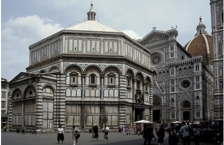 <ul><li><p>One of the oldest buildings in Florence, dedicated to St. John the Baptist.</p></li><li><p>Romanesque style with geometric marble decoration.</p></li><li><p>Octagonal plan symbolizing regeneration and rebirth.</p></li><li><p>Famous for its bronze doors, especially Ghiberti’s “Gates of Paradise.”</p></li><li><p>Served as the city’s baptistery for centuries, reflecting civic pride and religious devotion.</p></li></ul><p></p>
