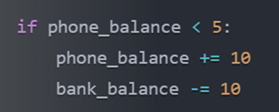 <p><span>What will happen when the following code is executed if phone_balance is 3 and bank_balance is 50?</span></p>