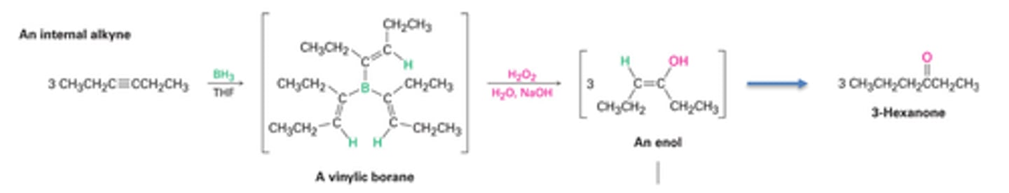 <p>-Reagents: 1) BH3/THF, 2) H2O2/OH-</p><p>-Two-step addition of borane followed by oxidation with basic hydrogen peroxide (H2O2)</p><p>-Syn addition only (keto-enol tautomerization) for disubstituted alkynes</p><p>-Anti-Markovnikov addition with terminal alkynes; forms aldehydes</p>