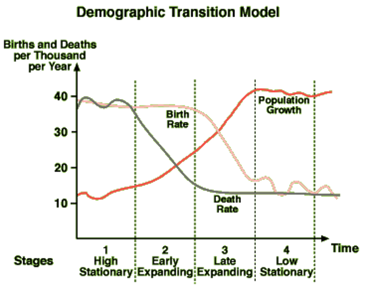 <p>This model describes the changing levels of fertility and mortality in a human population over time. Birth and death rates shift from high to low levels in a population. The mortality decline precedes fertility decline, resulting in rapid population growth during the transition period.</p>