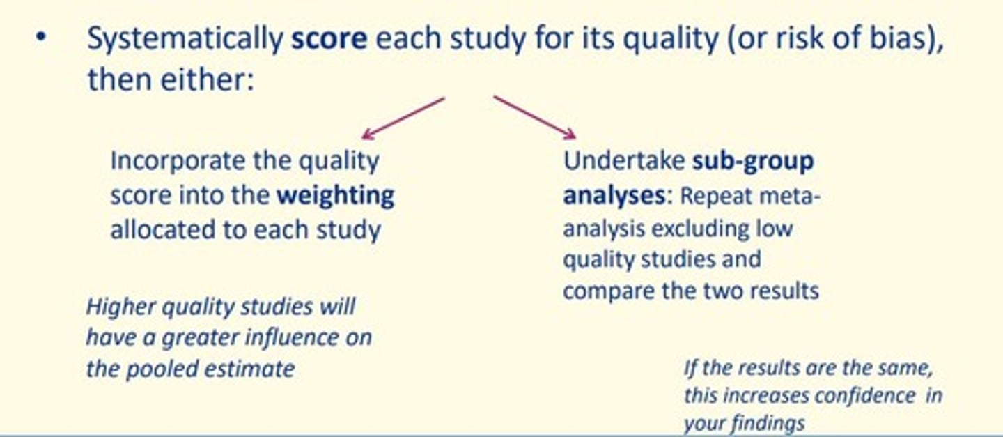 <p>1) Define basic quality standard and ONLY include studies which satisfy this criteria e.g., only include RCTs</p><p>2) Systematically score each study for its quality (or risk of bias), then either...</p><p>- Incorporate quality score into weighting allocated to each study</p><p>- Undertake sub-group analyses</p>