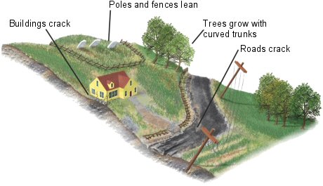 <ul><li><p>Extremely slow form of movement of individual soil particles downhill it often involves particles rising towards the ground surface due to wetting or freezing and then returning vertically to the surface in response to gravity as the soil dries or thaws</p></li><li><p>Can be suggested through the formation of shallow terracettes one build up of sat on the upslope side of walls and the bending of tree trunks</p></li></ul>
