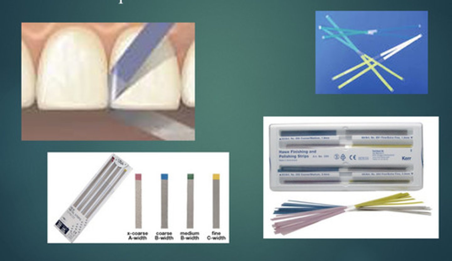 <p>- step 4 of composite</p><p>- polishes interproximal surfaces</p>