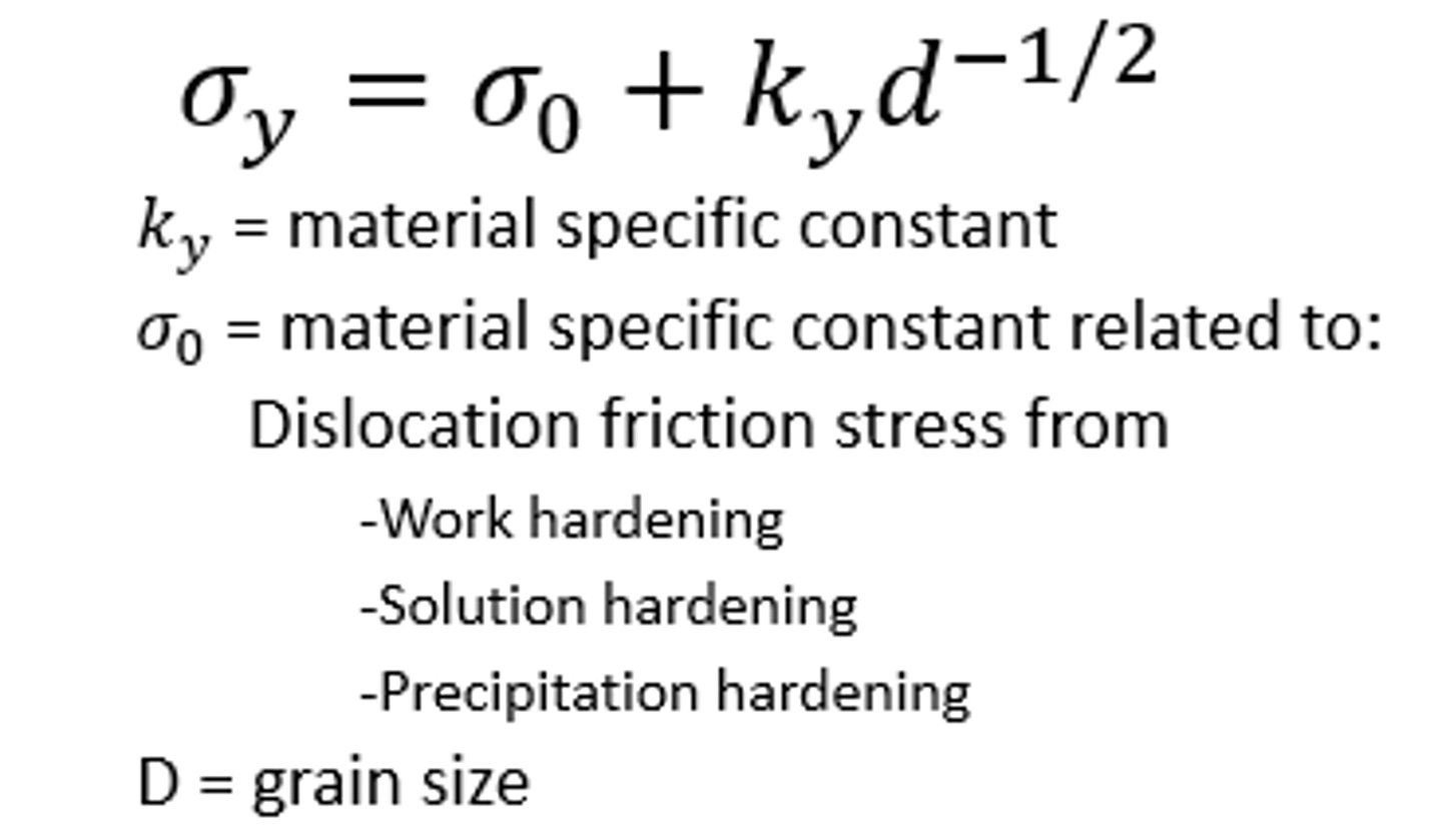 <p>The relationship between yield stress and grain size for some metals.</p><p>I.e. the strength is inversely proportional to the square root of average grain size</p>
