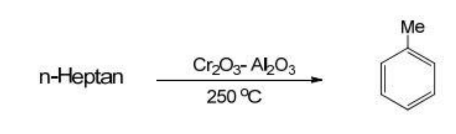 <p>Chất phản ứng : <strong>n-heptan</strong></p><p>Xúc tác : <strong>Cr2O3-Al2O3, nhiệt độ</strong></p>