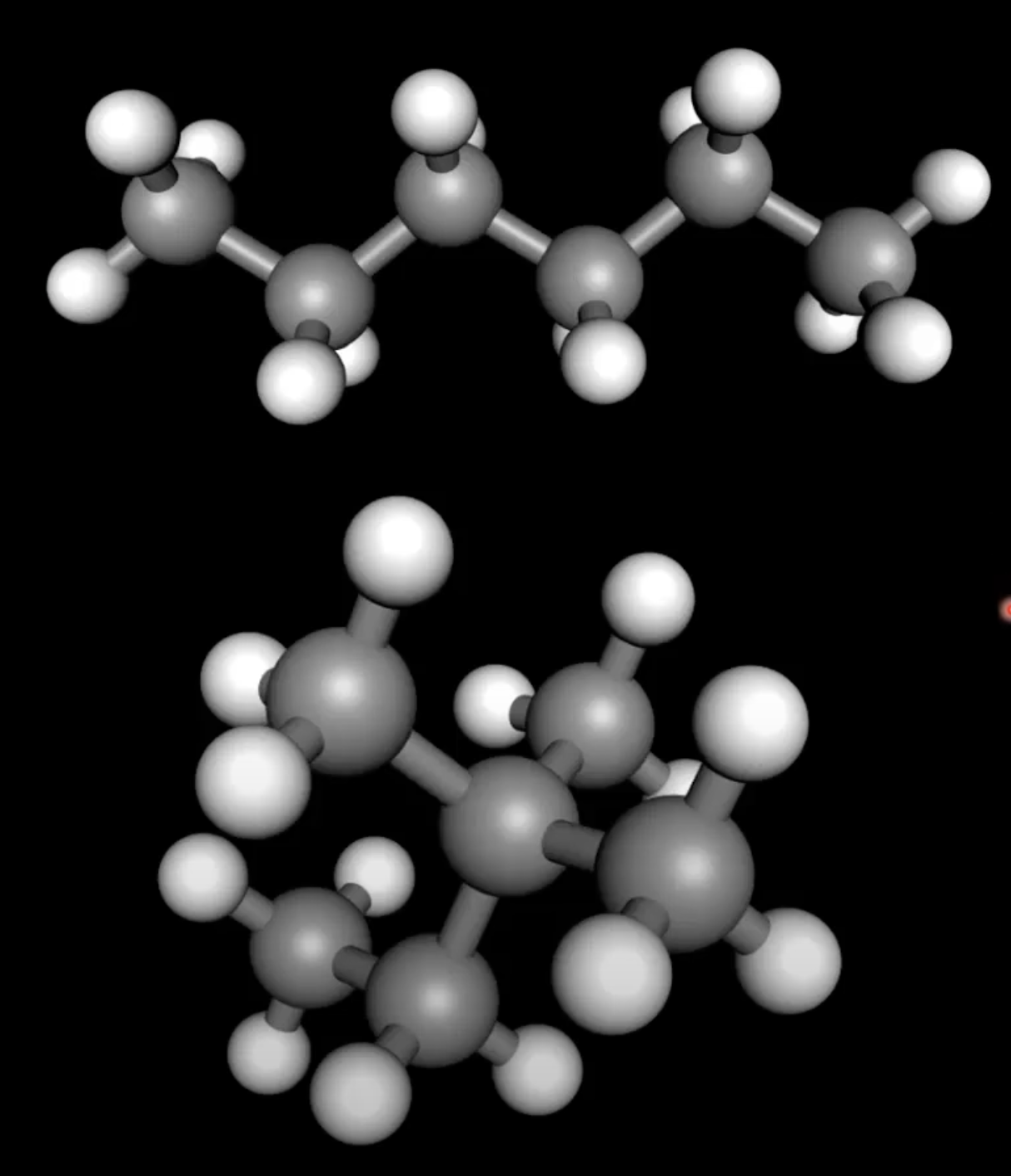 <p>Branched isomers have lower boiling points than straight chain isomers with the same formula</p><p>Branches reduce surface contact area between molecules, weakening London dispersion forces</p>