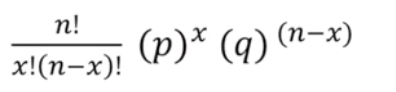 <p><strong><u># of sorts * probability it happens once</u></strong></p><p>n = number of trials</p><p>x = number of success</p><p>n-x = number of failures</p><p>p = probability of success </p><p>q = probability fo failure</p>