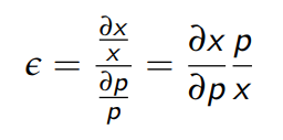 <ul><li><p>The slope of a demand function, understood as the ratio of relative changes</p></li><li><p>When the PED > 1, demand is called elastic, meaning that the demand curve is flatter (x changes a lot with price)</p></li></ul><p></p>