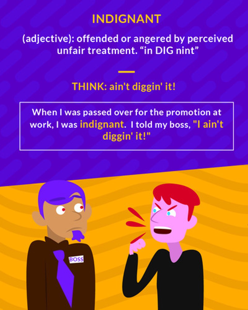 <p>(adj.) filled with resentment or anger over something unjust, unworthy, or mean</p><p>(adj.) angered by perceived unfair treatment</p>
