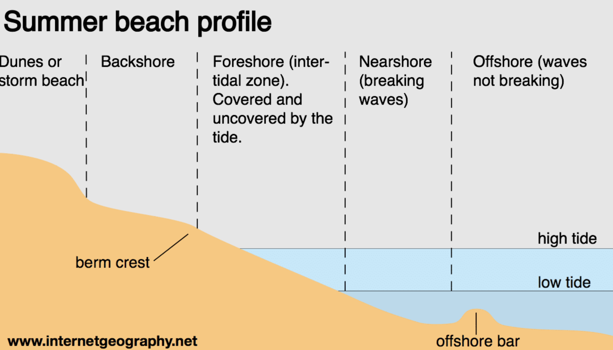<ol><li><p>Sand dunes or storm beaches</p></li><li><p>Backshore (not affected by waves so usually dry)</p></li><li><p>Foreshore (repeatedly covered and uncovered by changing tides)</p></li><li><p>Near-shore (where waves break)</p></li><li><p>Offshore</p></li></ol><p></p>