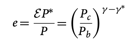 <p>where P<sub>c</sub> is the foreign biased good and P<sub>b</sub> is the home biased good</p><p></p><p>gamma is the degree of home bias</p><p>gamma* is the degree of foreign home bias</p>