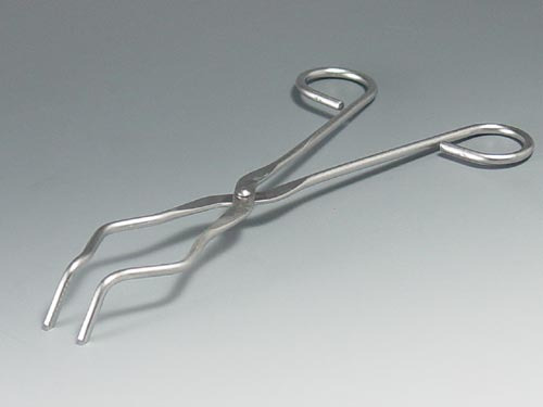 <p>Metal utility tongs used for hot crucibles; spring-like jaws with a jaw opening</p>