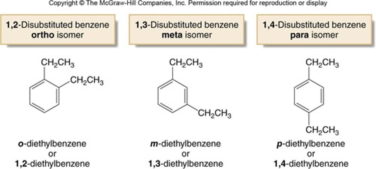 <p>Ortho refers to substituents on adjacent carbons, meta refers to substituents separated by one carbon, and para refers to substituents on opposite sides of the ring.</p>