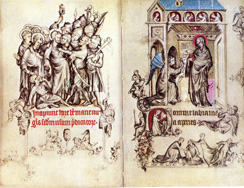 <p>Kiss of Judas and the Annunciation. a Book of hours-basically a Medieval Bestseller- literacy in middle ages is not gendered it is CLASSED. (higher classes are literate). this book of Hours was a gift to Jeanne d&apos;Evreux from husband (Charles IV) at the time of their marriage. it is TEENY TINY (fits within hands- intimate) intended for home devotional worship. the hours are broken into 8 devotional hours- each of which has prayers associated with it. (DAY STRUCTURE AND PRAYER STRUCTURE). contains portrait of Jean d&apos;Evreux kneeling at her Prie-dieu (kneeler) with her book of hours. heavy utilization of GRISAILLE- WAY OF MODELLING FIGURES IN GREY. GIVES IMPRESSION OF IVORY SCULPTURE WITHIN THE MANUSCRIPT. (popular within period). The Annunciation: Holy spirit in the form of a dove, coming out in the rays- into Mary&apos;s Body. kiss of Judas: Mary mirrors (echoes) Jesus in gothic sway posture- they are across the book&apos;s gutter from each other. betrayal happening, posture echo mary, beginning of Christ&apos;s life and his death.</p>