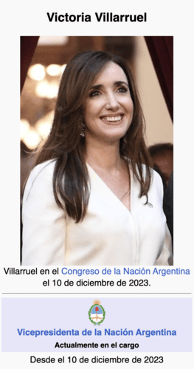 <p>Es la vicepresidenta actual (current) desde el diciembre de 2023 con el presidente Javier Milei. Se considera ultraconservadora.</p>
