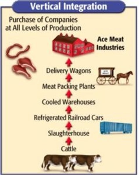 <p>When a business purchases and owns all businesses in its industry related with the process of its own products. Ex: McDonald's buys its own potato farms and cattle ranches, it's own butchers, it's own processors and packaging, and employs/manages all facets of those businesses within McDonald's corporation.</p>