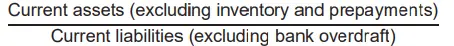 * A measure of the ability of a business to pay its short-term debts using only its more liquid current assets, excluding any bank overdraft.
* If the business had a current ratio of 85%, it has $0.85 of highly liquid current assets to pay $1 of its current liabilities except for the bank overdraft.
* Interpretation
  * A quick asset ratio of 100% or more indicates that a business should be able to pay its short term debts.
  * A quick asset ratio of less than 100% indicates that a business may not be able to pay its short term debts.