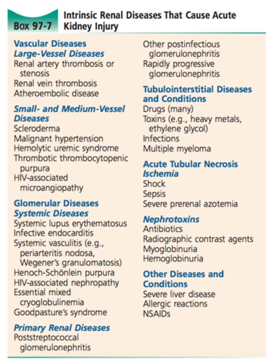 <p>Kidneys experience a decrease in glomerular filtration rate, and fail to adequately filter toxins and waste from blood. Occurs due to DM or HTN, or from poison, trauma, and genetics, damaging nephrons so they cannot filter blood.</p><p>Can be:</p><p>Acute</p><p>Chronic</p><p>End-stage</p><p>Sxs: Nausea, vomiting, lethargy, pruritus, GI ulcers, sleep disorder, anemia, PE, seizure, coma</p>