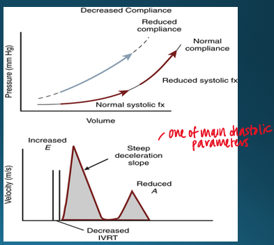 <p>decreased IVRT</p><p>steep deceleration slope</p><p>reduced a velocity </p>