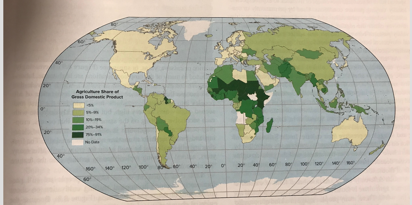 <p><span>According to map above. the largest area of the world in which agriculture makes the largest contribution to the GDP (Gross Domestic Production) is?</span></p><p><span>a. North Africa</span></p><p><span>b. south America</span></p><p><span>c. southeast asia</span></p><p><span>d. sub Saharan africa</span></p><p><span>e. North America</span></p>