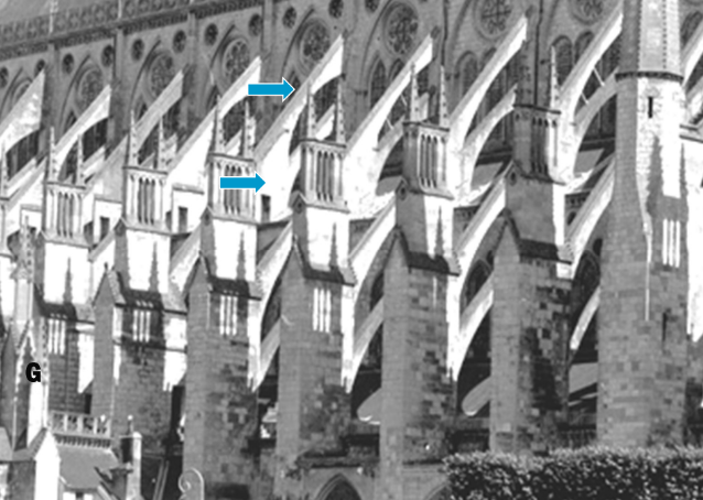 <p>a characteristic feature of Gothic construction, in which the lateral thrusts of a roof or vault are taken up by a straight bar of masonry, usually sloping, carried on an arch, and a solid pier or buttress pier or buttress sufficient to receive the thrust </p>