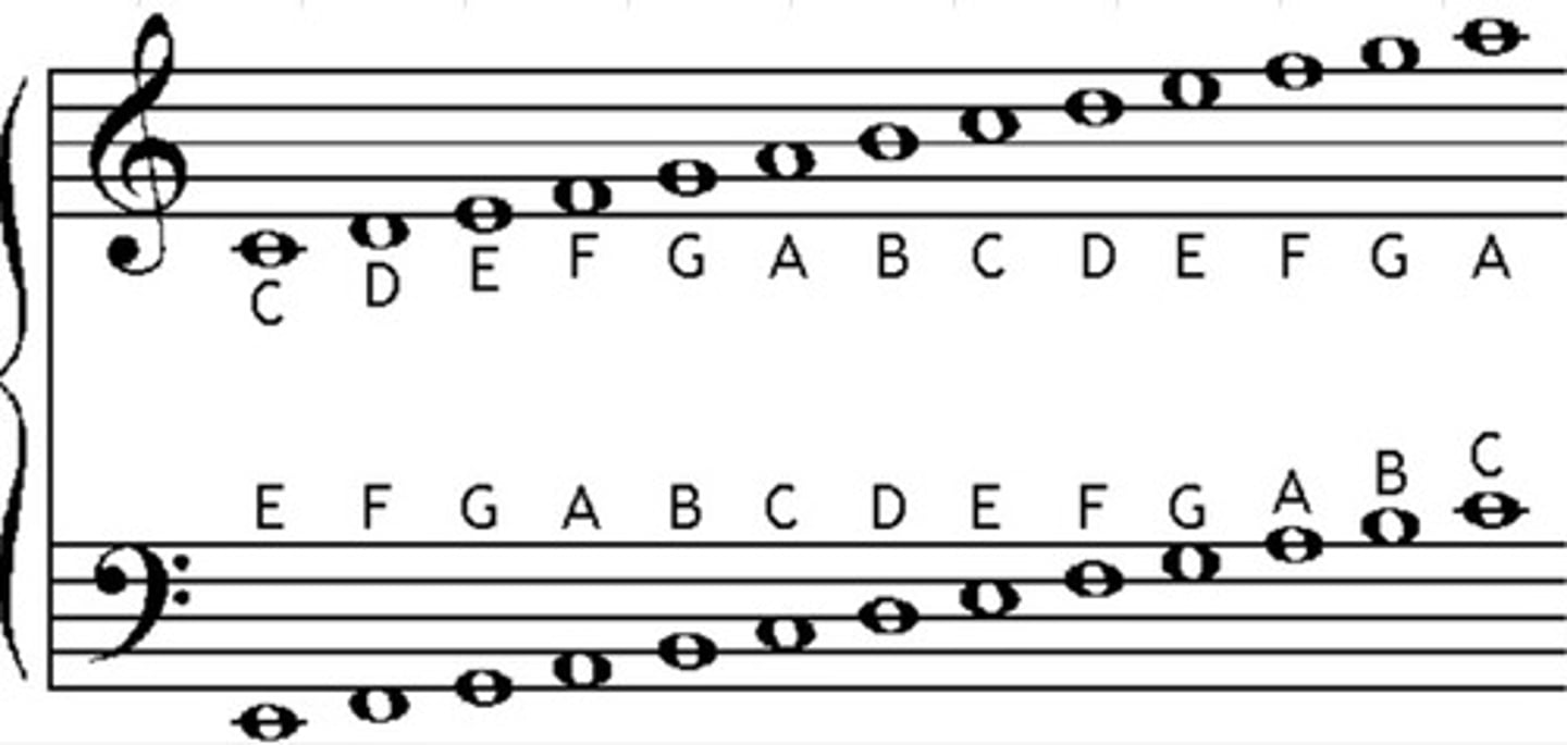 <p>A scale is the succession of notes arranged in an ascending order. Seven of the twelve pitches (tones) that create an octave in western music are named after the first seven letters of the alphabet: A, B, C, D, E, F, and G. This sequence repeats itself over and over.</p>