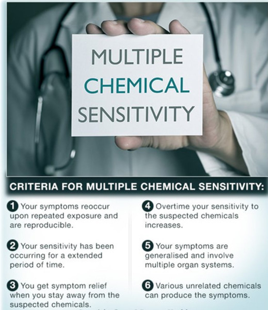 <p>Also known as "environmental illness," a condition whereby individuals experience adverse reactions when exposed to low levels of chemicals found in everyday substances.</p>