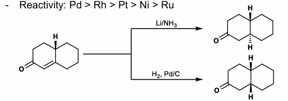 <p>Cis-delivery from least hindered face of olefin</p><p></p><p>Reactivity:</p><p>Pd > Rh > Pt > Ni > Ru</p><p>alkyne > terminal olefin > single sub > double > triple</p><p>Lindlar’s catalyst gives cis olefins (Pd(BaSO4), H2) from alkynes</p><p>Birch conditions gives trans</p><p>Common catalysts: Pd/C, Pd(OH)2 (Pearlmann’s cat), PtO2 (Adams’ cat) for imines to amines, Rainey Ni for sulfide groups, </p>