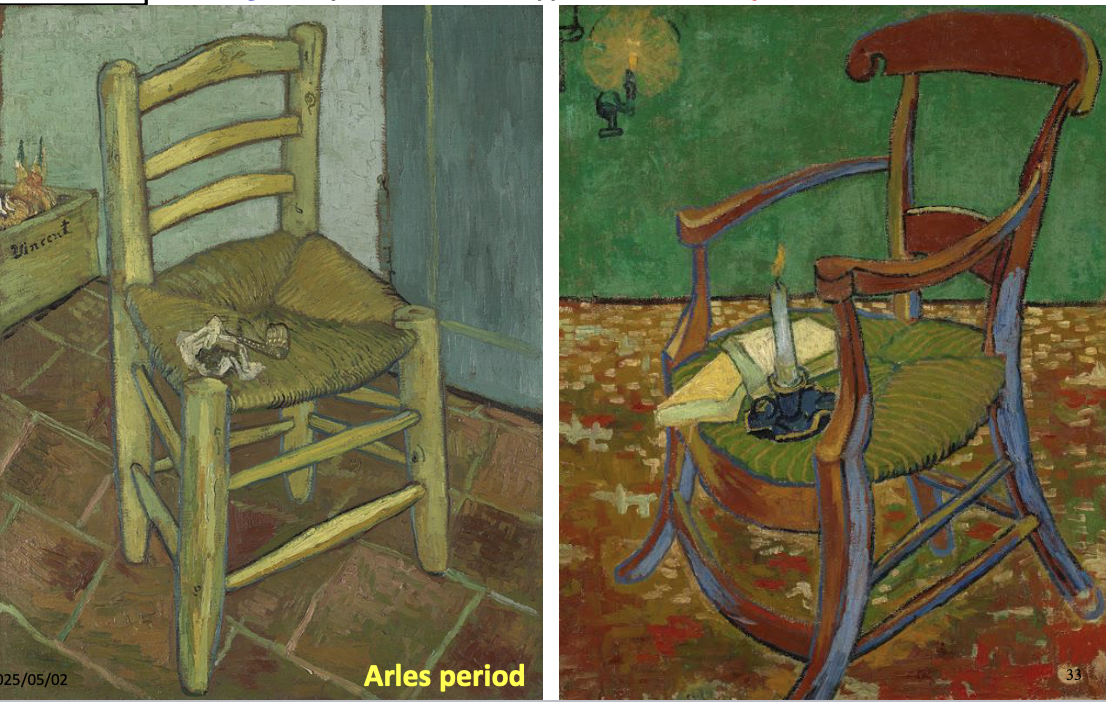 <p>Chair with Pipe and Tobacco (left), Gaugin’s Arm chair (right), Vincent Van Gogh Nov-Dec 1888</p>