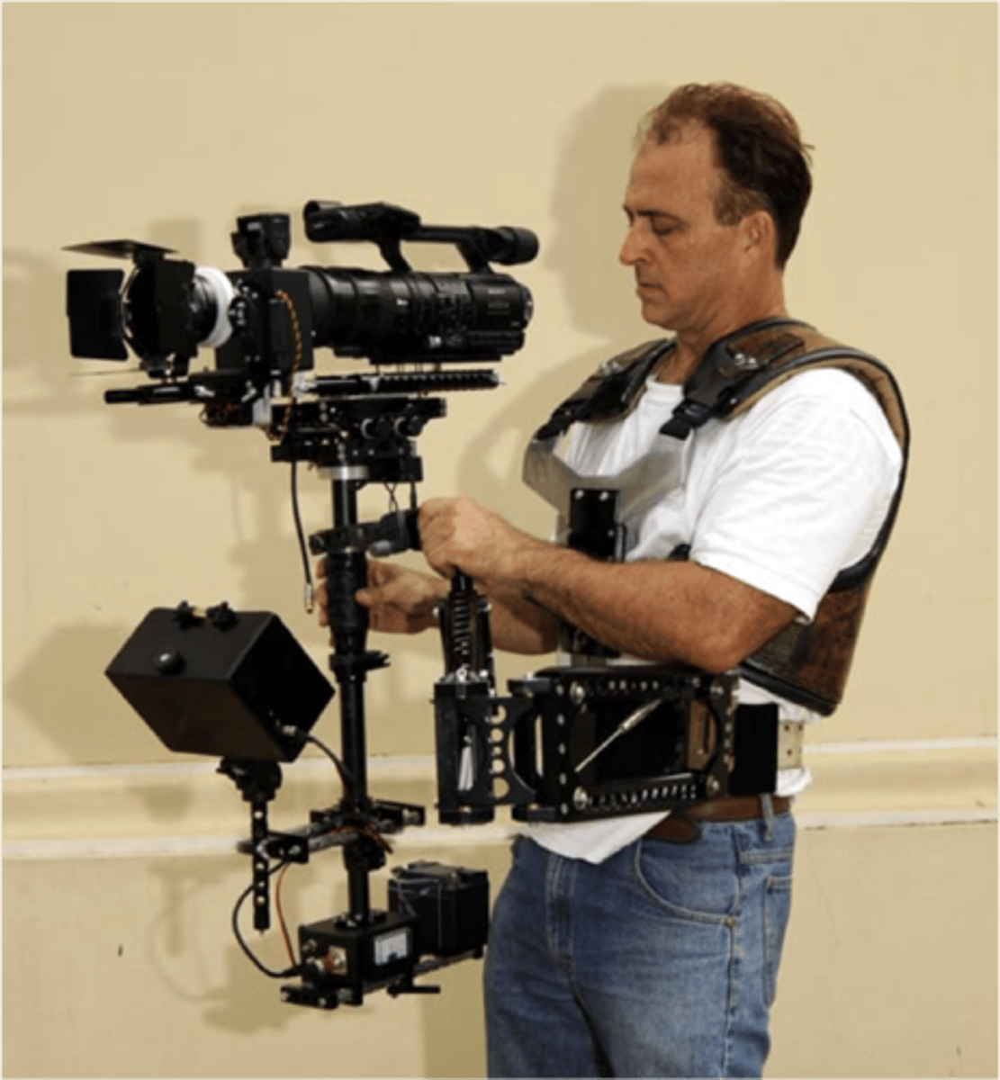 <p>A camera mount, worn by the operator, that allows the camera to remain level even when the operator moves, ensuring extremely smooth hand-held traveling shots.</p>