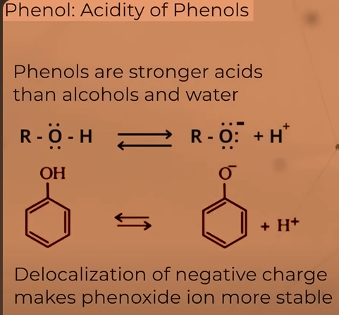 <ul><li><p>strongerr acid than water and alcohols </p></li><li><p>as OH attached to sp<sup>2</sup> ccarbon (greater the s character more is the electronegativity) the electron density over O is less so it’ll pull electron towards itself from H, releasing H+ ions(acid behaviour)</p></li></ul><p>when alcohol and phenol ionised, they from alkoxide and phenoxide  </p><p></p>