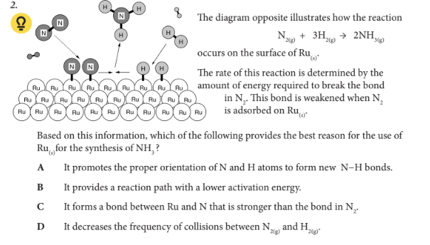 <p>Based on this information, which of the following provides the best reason for the use of Ru(s)for the synthesis of NH3 ?</p>