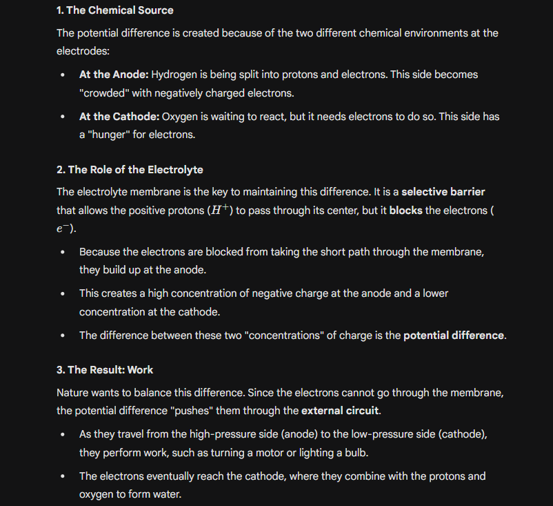 <p>At anode, oxdiation occurs (electrons and protons are split)</p><p>The protons go through the electrolyte to the cathode</p><p>The electrons go through the external circuit to the cathode (because there is a potential difference) - there is a high concentration of negative charge at the anode and a lower concentration of charge at the cathode - electrons are drawn to the region with lower charge</p><p><strong>The hydrogen and oxygen react at the cathode, forming water - water is produced in Cathode</strong></p><p></p><p></p>