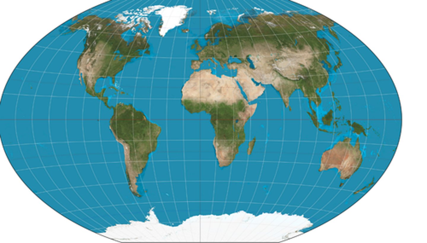 <p>- NO major distortion</p><p>- Oval shape appears more like a globe than does a rectangle</p><p>- Area, shape, size and direction are all slightly distorted</p>