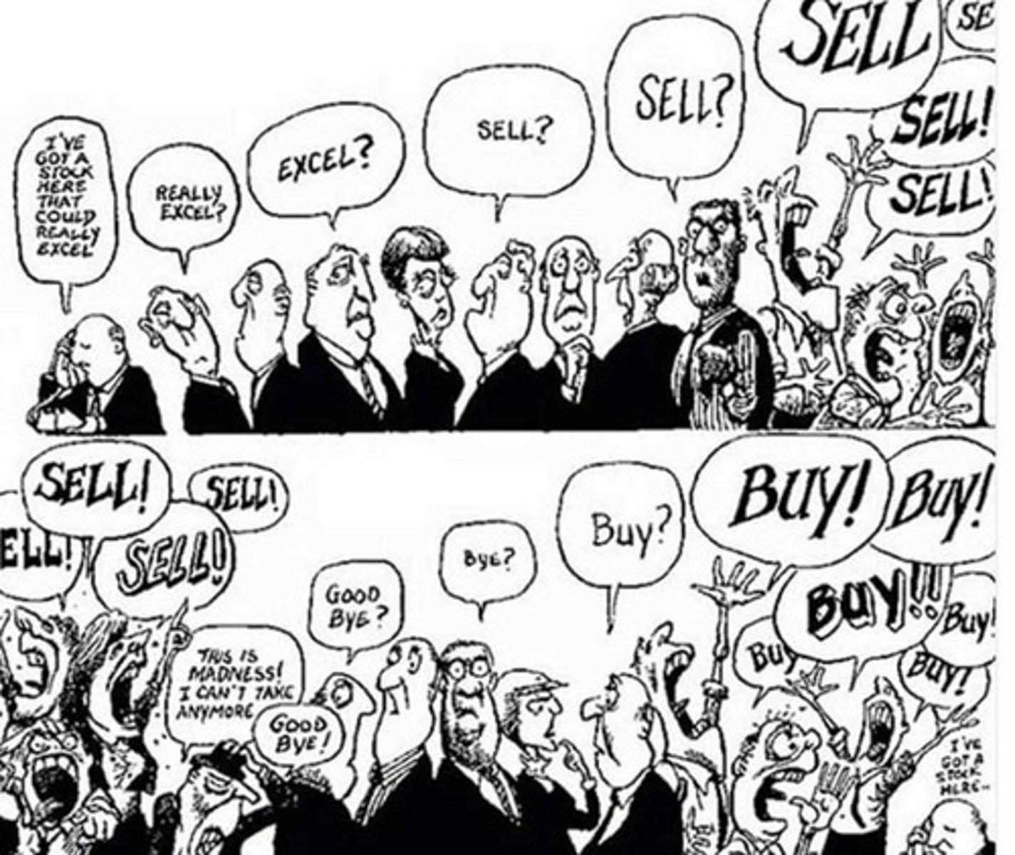 <p>Greed, euphoria, optimism drive prices up, while fear, panic, and pessimism drive prices down.</p>