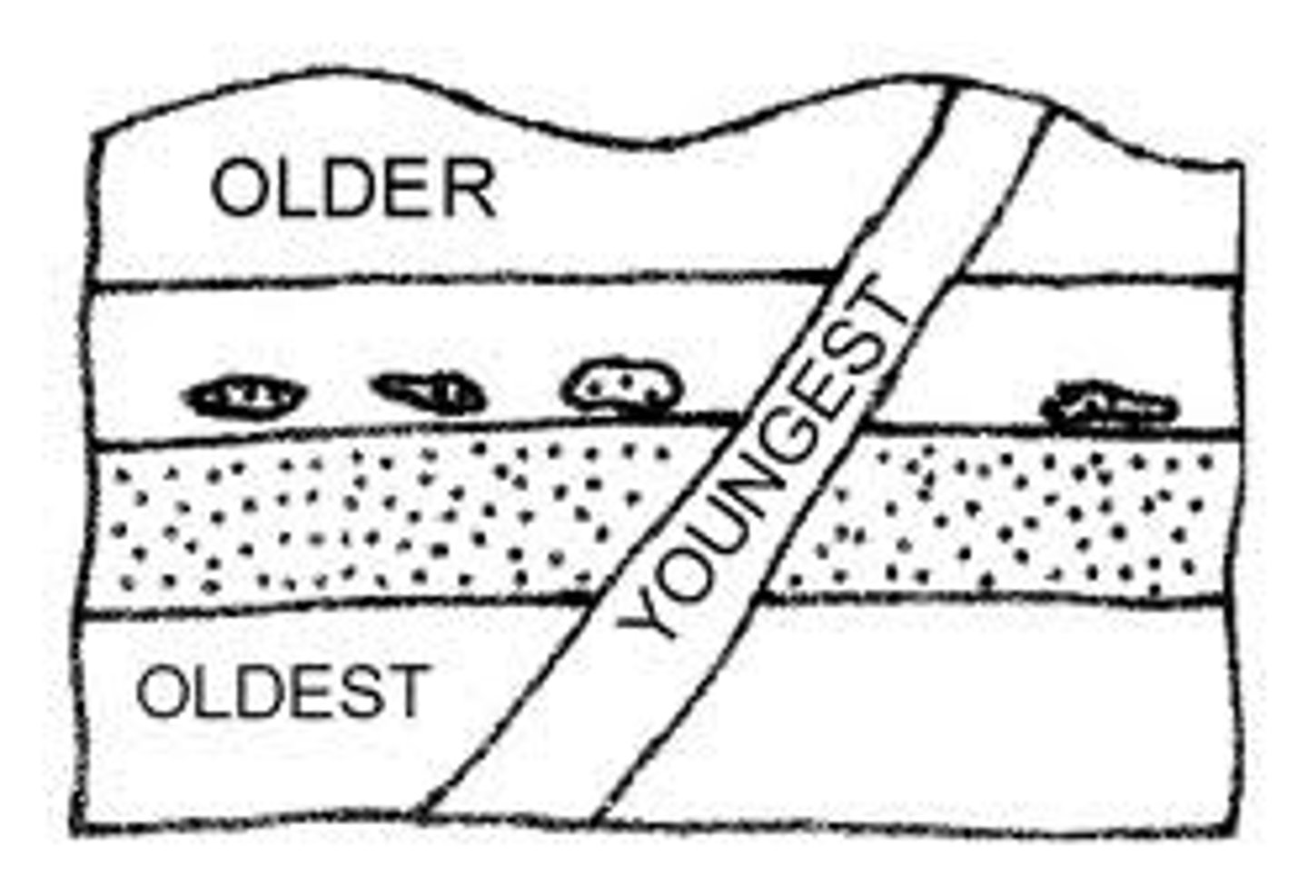 <p>a fault or intrusion is younger than the rock it cuts across</p>