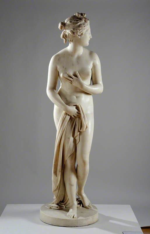<ul><li><p>Standing in a contrapposto pose Aphrodite notices a stranger intruding on her bath. </p></li></ul><p></p><ul><li><p>The goddess recoils and covers her pubis with one hand and grabs a garment with the other.</p><p> </p></li></ul>