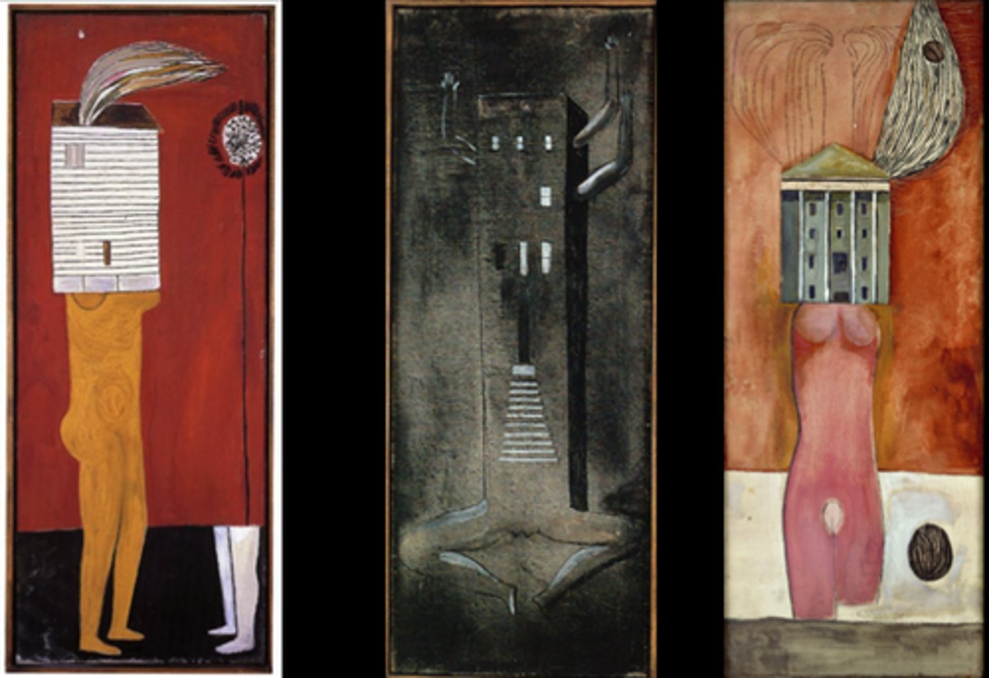<p>A series (originally drawings in the 40s) where women's bodies are depicted with houses for heads, exploring the constraints of domesticity.</p>