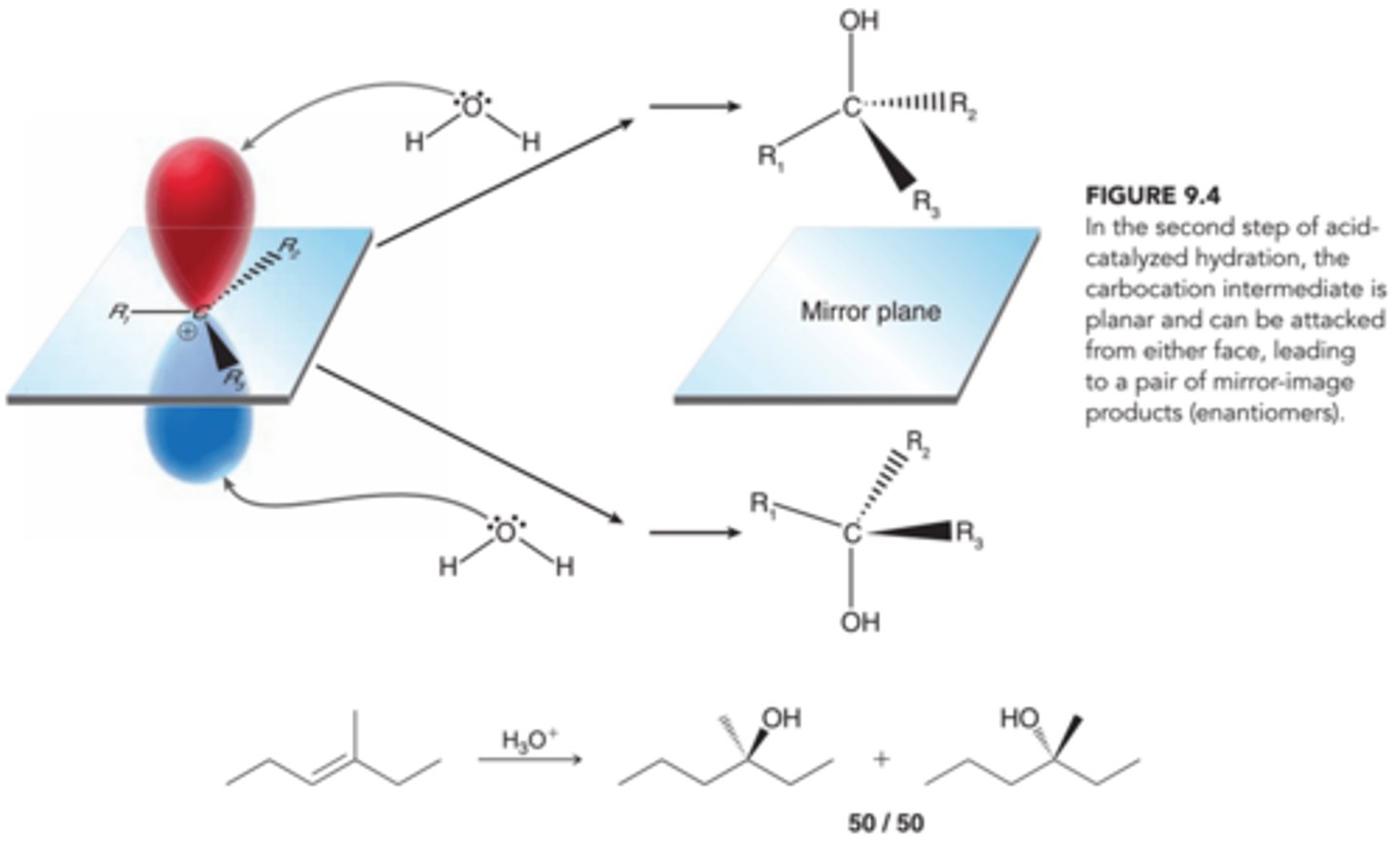 <p>The stereochemical outcome of acid-catalyzed hydration is similar to the stereochemical outcome of hydrohalogenation. The intermediate carbocation can be attacked from either side with equal likelihood(1st example in image). Therefore, when a new chirality center is generated, a racemic mixture of enantiomers is expected</p>