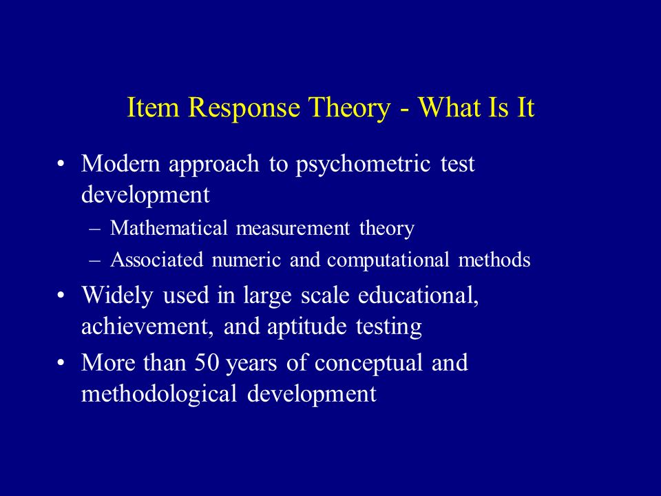 <p>how individual items within the test perform</p><p>avoids assumption that all items on a test will perform the same</p><p>probability that a person will endorse an item depends on:</p><ol><li><p>their standing on characteristic measure</p></li><li><p>difficulty/severity of the item </p></li></ol><p></p>