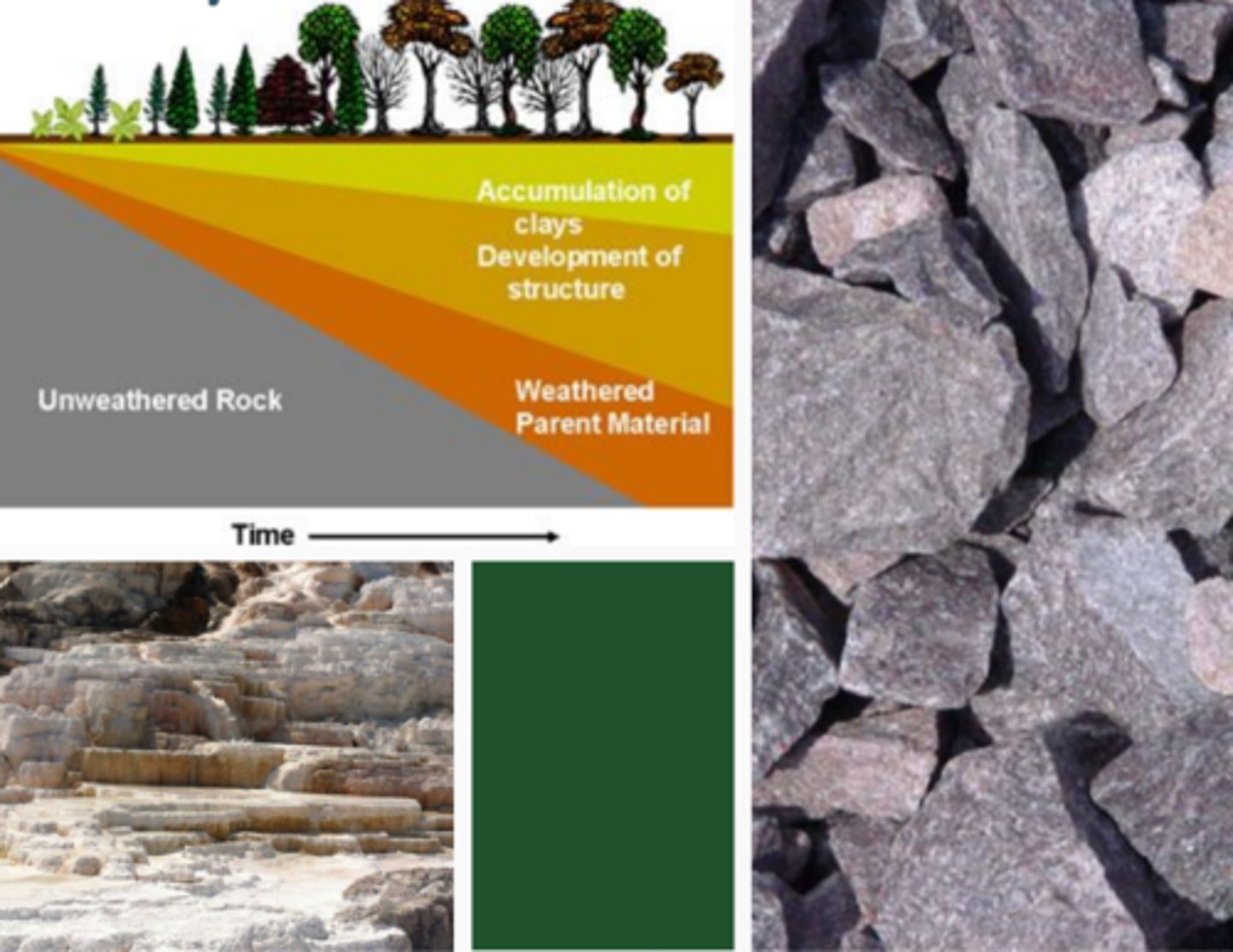 <p>a property soil is determined by, rocks, quartz = nutrient poor, calcium carbonate = high calcium, high pH, high crop productivity</p>