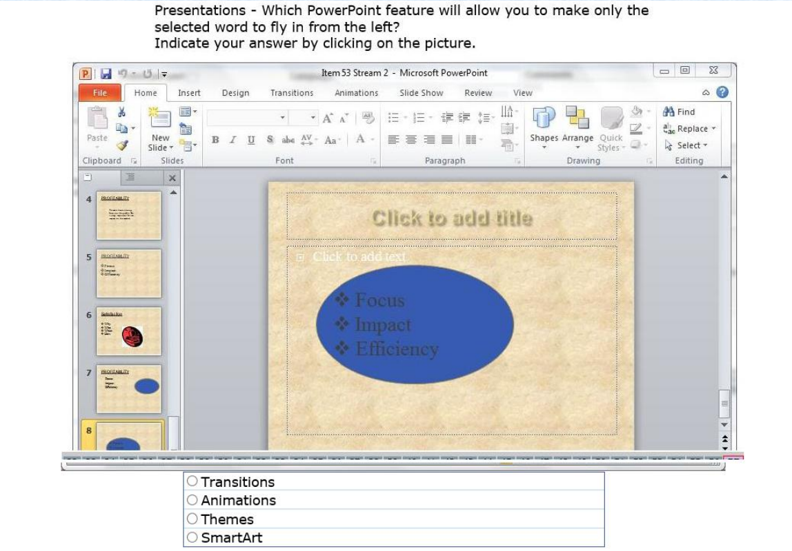 <p>Which powerpoint feature will allow you to make only the selected words to fly in from the left?</p>