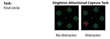 <p>Task involving searching for an “odd one out” (e.g. circle not square). coloured “singletons” that aren’t the target result in reaction time being slowed. Shows top-down mechanisms does not only focus on shapes.</p>