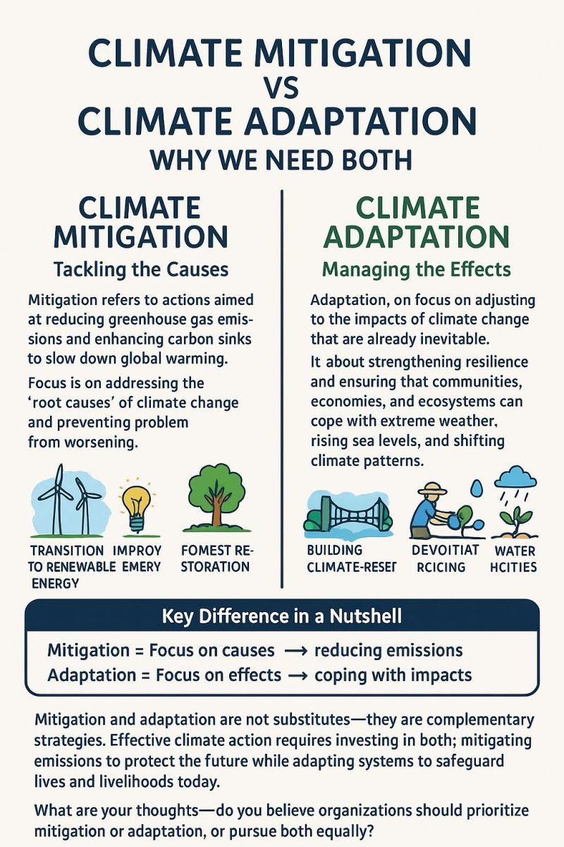 <p><strong>Mitigation:</strong> Efforts to minimize the extent or impact of a problem (reduce)</p><p><strong>Adaptation:</strong> Adjusting as best possible (dealing with the problem)</p><p></p>