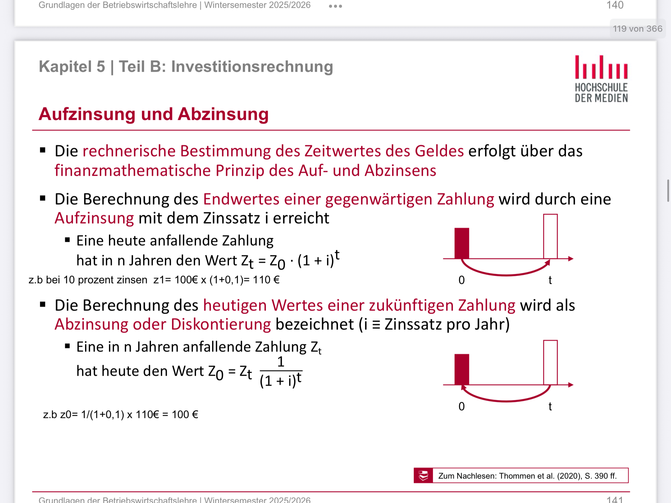 <p><span>Gerne! Ich erkläre Aufzinsen und Abzinsen am gleichen Rechenbeispiel, damit der Unterschied klar wird.</span></p><p></p><p></p><p></p><p></p><p><span><strong>Ausgangsbeispiel</strong></span></p><p></p><p></p><ul><li><p><span>Anfangskapital: 1.000 €</span></p></li><li><p><span>Zinssatz: 5 % pro Jahr</span></p></li><li><p><span>Laufzeit: 3 Jahre</span></p></li></ul><p></p><p></p><p></p><p></p><p></p><p><span><strong>1. Aufzinsen (in die Zukunft rechnen)</strong></span></p><p></p><p></p><p><span data-name="point_right" data-type="emoji">👉</span><span> Frage:</span></p><p><span>Wie viel sind 1.000 € in 3 Jahren wert, wenn ich sie zu 5 % anlege?</span></p><p></p><p></p><p><span><strong>Formel:</strong></span></p><p></p><p></p><p><span>K_n = K_0 \cdot (1 + p)^n</span></p><p></p><p></p><p><span><strong>Einsetzen:</strong></span></p><p></p><p></p><p><span>K_3 = 1.000 \cdot (1{,}05)^3</span></p><p><span>K_3 = 1.000 \cdot 1{,}157625 = \mathbf{1.157,63\ €}</span></p><p></p><p></p><p><span><strong>Bedeutung:</strong></span></p><p></p><p></p><p><span>Du vermehrst das Geld → du zinst auf.</span></p><p></p><p></p><p></p><p></p><p><span><strong>2. Abzinsen (in die Vergangenheit rechnen)</strong></span></p><p></p><p></p><p><span>Jetzt drehen wir das Beispiel um.</span></p><p></p><p><span data-name="point_right" data-type="emoji">👉</span><span> Frage:</span></p><p><span>Wie viel sind 1.157,63 € heute wert, wenn ich weiß, dass sie in 3 Jahren 5 % Zinsen enthalten?</span></p><p></p><p></p><p><span><strong>Formel:</strong></span></p><p></p><p></p><p><span>K_0 = \frac{K_n}{(1 + p)^n}</span></p><p></p><p></p><p><span><strong>Einsetzen:</strong></span></p><p></p><p></p><p><span>K_0 = \frac{1.157{,}63}{(1{,}05)^3}</span></p><p><span>K_0 = \frac{1.157{,}63}{1{,}157625} = \mathbf{1.000\ €}</span></p><p></p><p></p><p><span><strong>Bedeutung:</strong></span></p><p></p><p></p><p><span>Du reduzierst den Betrag → du zinst ab.</span></p><p></p><p></p><p></p><p></p><p><span><strong>3. Vergleich auf einen Blick</strong></span></p><p></p><table style="min-width: 100px;"><colgroup><col style="min-width: 25px;"><col style="min-width: 25px;"><col style="min-width: 25px;"><col style="min-width: 25px;"></colgroup><tbody><tr><td colspan="1" rowspan="1" style="width: 49.3px; margin: 0.5px; padding: 1px;"><p style="text-align: center;"><span><strong>Richtung</strong></span></p></td><td colspan="1" rowspan="1" style="width: 69px; margin: 0.5px; padding: 1px;"><p style="text-align: center;"><span><strong>Rechenart</strong></span></p></td><td colspan="1" rowspan="1" style="width: 158.7px; margin: 0.5px; padding: 1px;"><p style="text-align: center;"><span><strong>Frage</strong></span></p></td><td colspan="1" rowspan="1" style="width: 51px; margin: 0.5px; padding: 1px;"><p style="text-align: center;"><span><strong>Ergebnis</strong></span></p></td></tr><tr><td colspan="1" rowspan="1" style="width: 49.3px; margin: 0.5px; padding: 1px;"><p><span>Aufzinsen</span></p></td><td colspan="1" rowspan="1" style="width: 69px; margin: 0.5px; padding: 1px;"><p><span>Zukunft</span></p></td><td colspan="1" rowspan="1" style="width: 158.7px; margin: 0.5px; padding: 1px;"><p><span>Was werden 1.000 € in 3 Jahren?</span></p></td><td colspan="1" rowspan="1" style="width: 51px; margin: 0.5px; padding: 1px;"><p><span>1.157,63 €</span></p></td></tr><tr><td colspan="1" rowspan="1" style="width: 49.3px; margin: 0.5px; padding: 1px;"><p><span>Abzinsen</span></p></td><td colspan="1" rowspan="1" style="width: 69px; margin: 0.5px; padding: 1px;"><p><span>Vergangenheit</span></p></td><td colspan="1" rowspan="1" style="width: 158.7px; margin: 0.5px; padding: 1px;"><p><span>Was sind 1.157,63 € heute wert?</span></p></td><td colspan="1" rowspan="1" style="width: 51px; margin: 0.5px; padding: 1px;"><p><span>1.000 €</span></p></td></tr></tbody></table><p></p><p></p><p></p><p></p><p><span><strong>4. Merksatz </strong></span><span data-name="brain" data-type="emoji">🧠</span></p><p></p><p></p><ul><li><p><span>Aufzinsen = vorwärts rechnen (Geld wächst) </span><span data-name="chart_increasing" data-type="emoji">📈</span></p></li><li><p><span>Abzinsen = rückwärts rechnen (Geld schrumpft) </span><span data-name="chart_decreasing" data-type="emoji">📉</span></p></li></ul><p></p><p></p><p></p><p></p><p><span>Wenn du magst, rechne ich dir das gleiche Beispiel auch mit jährlicher Tabelle oder mit Zinseszins-Schritt für Schritt vor.</span></p>