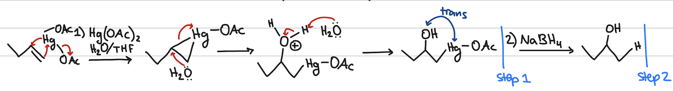 <p>addition of H and OH/OR</p><p>occurs when: Hg(OAc)2; NaBH4; H2O; polar solvent; alkene or alkyne</p><p>stereochemistry: anti-addition</p><p>regiochemistry: “Markovnikov” (H/Hg to less substituted, OH/OR to more substituted)</p>